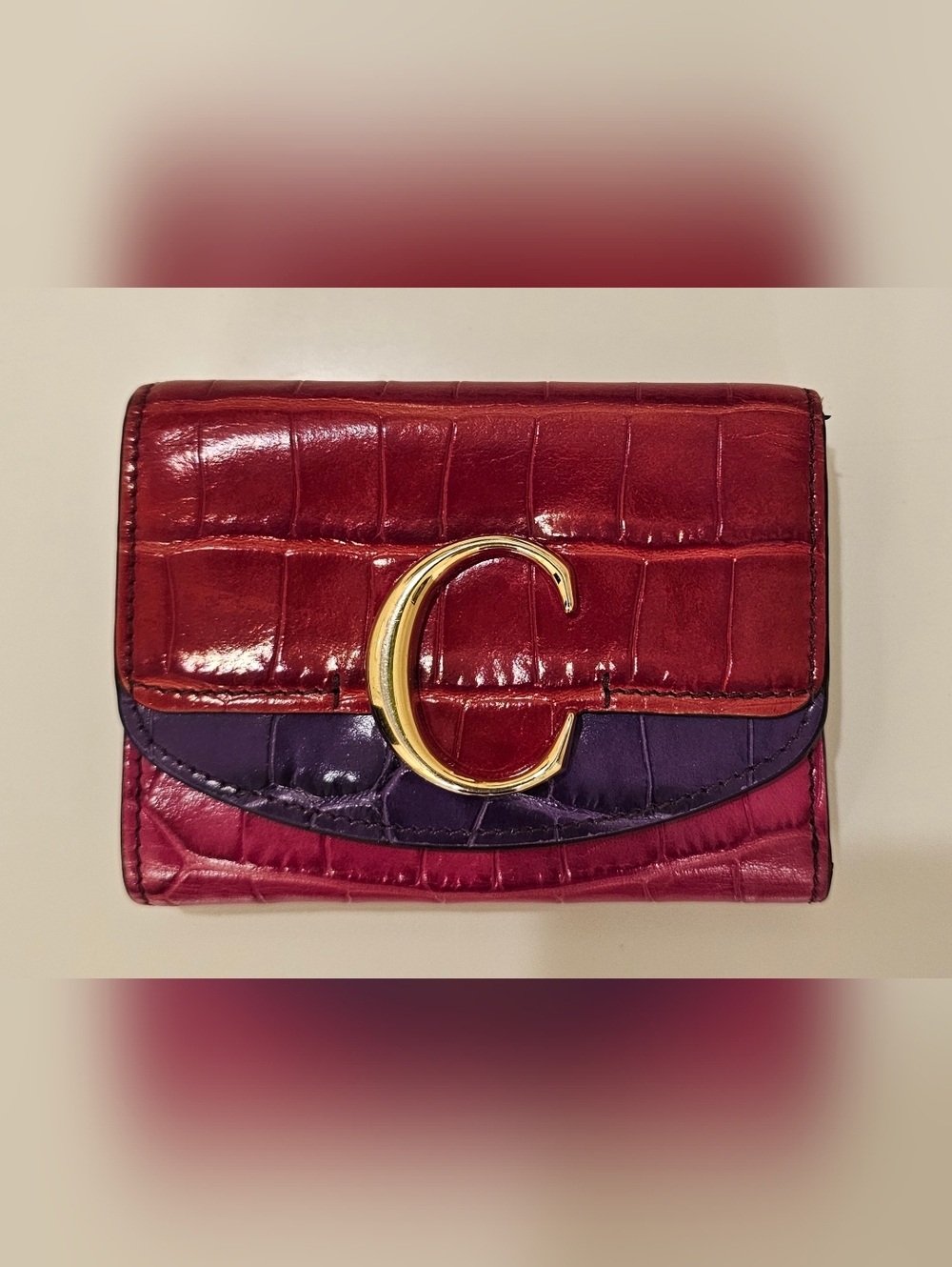 CHLOE Compact Tri-Fold Croc-Embossed Wallet - Picture 2 of 10